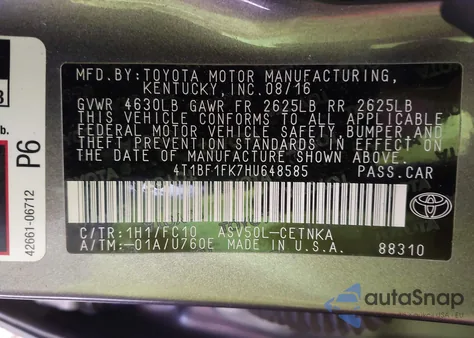 2017 Toyota Camry Le z USA, uszkodzony, nr VIN 4T1BF1FK7HU648585